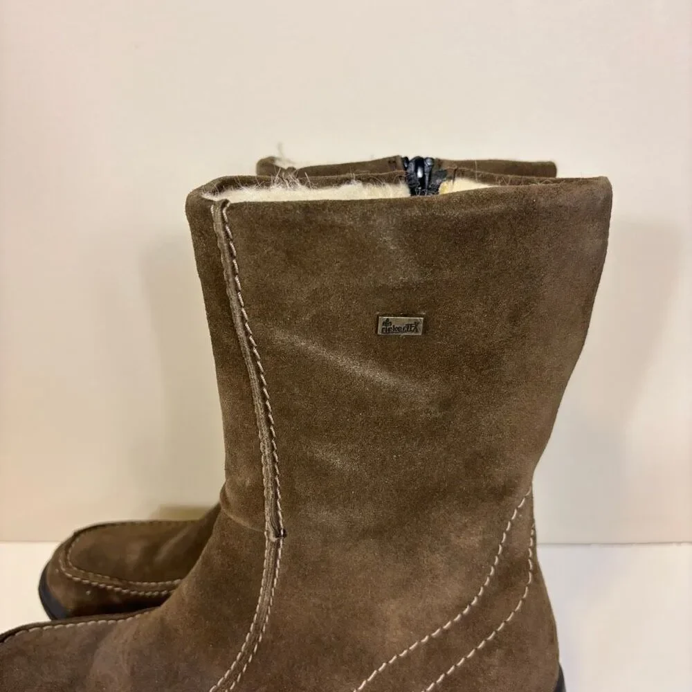 Rieker Brown Suede Fur Lined Mid Calf Winter Boots Women's 40 =‎ 8.5